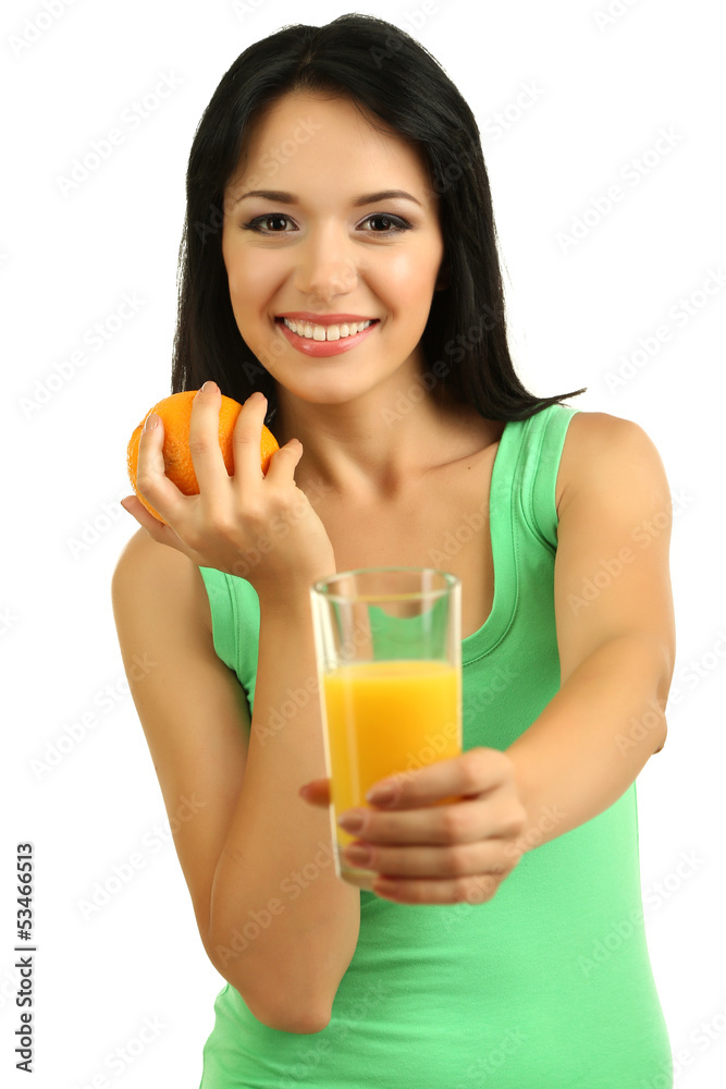 Girl with fresh juice and orange isolated on white Girl with fresh juice and orange isolated on white