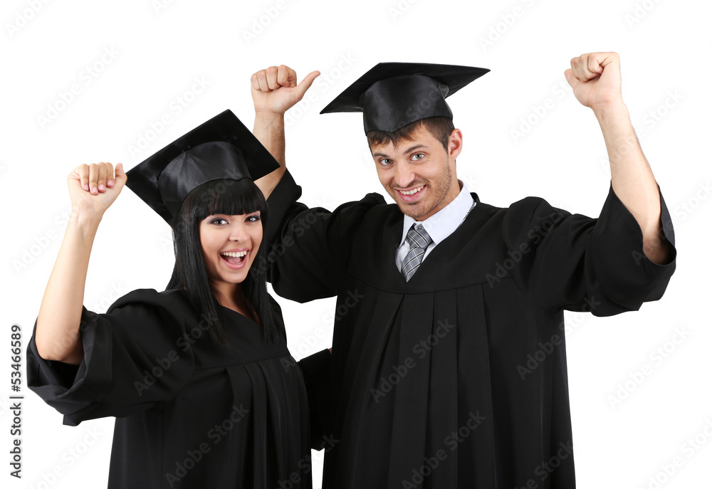 Two happy graduating students isolated on white Two happy graduating students isolated on white