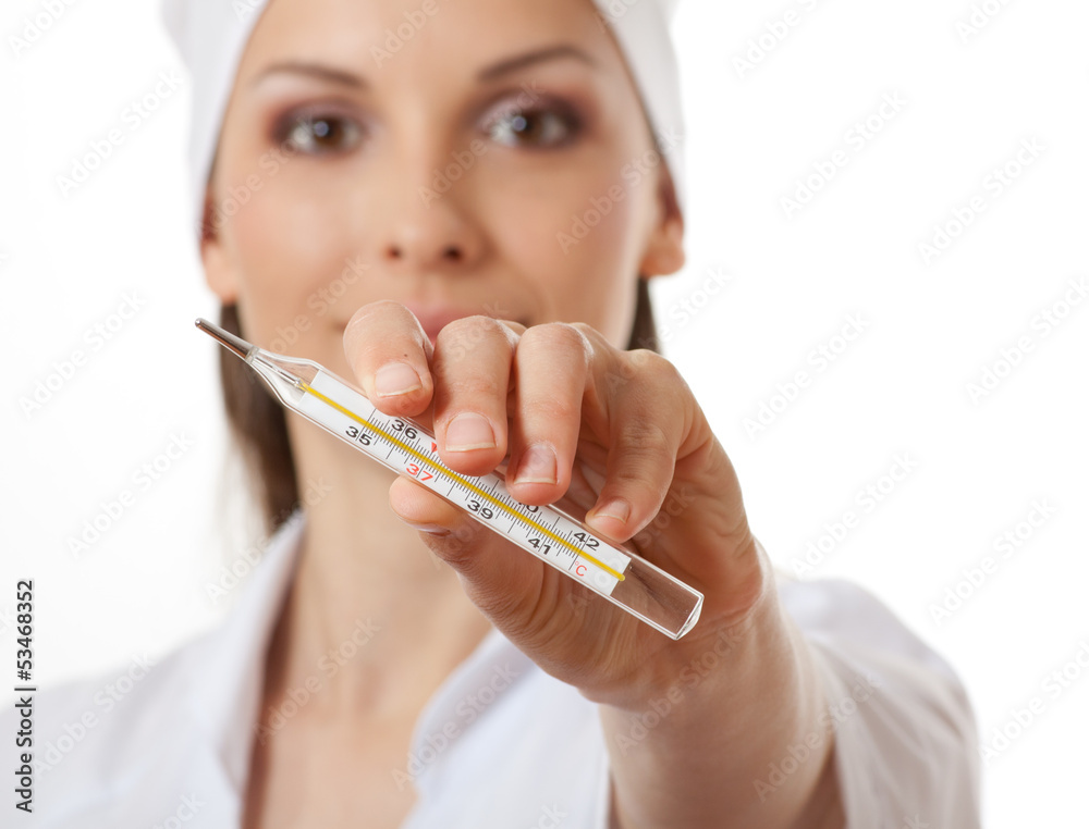 doctor nurse holding thermometer, isolated on white doctor nurse holding thermometer, isolated on white