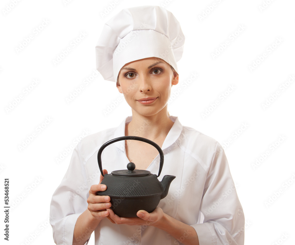 female cook / chef in uniform with teapot, isolated on white