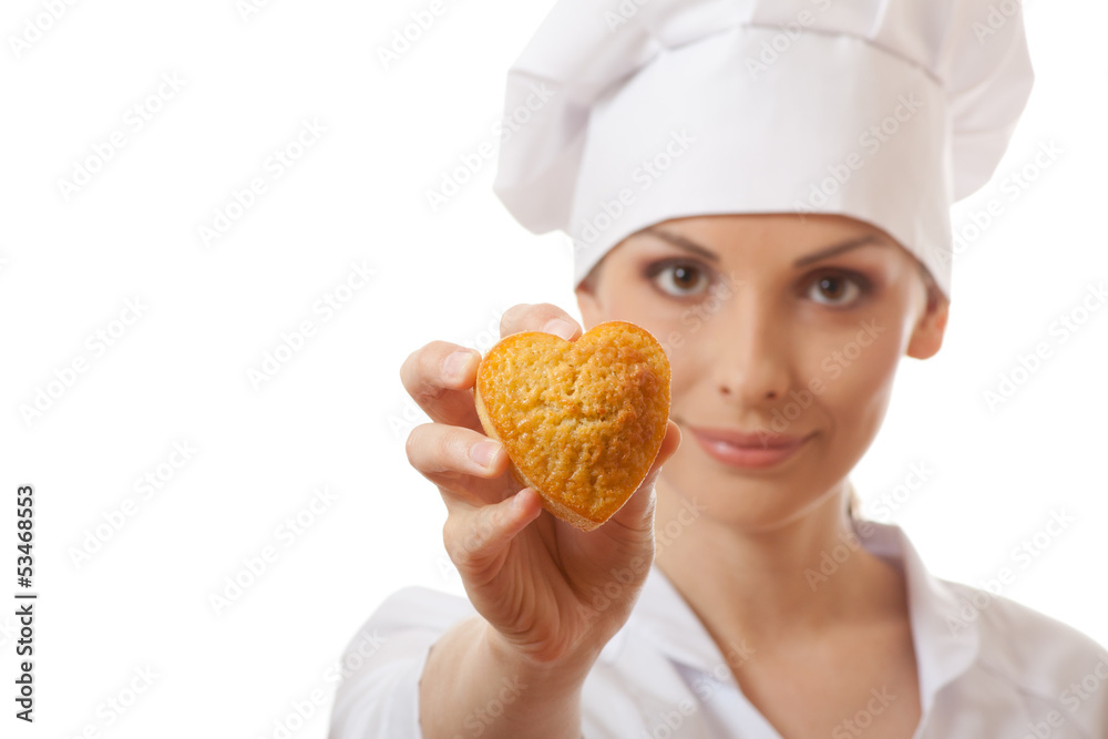 Woman cook holding cake, isolated on white background Woman cook holding cake, isolated on white background