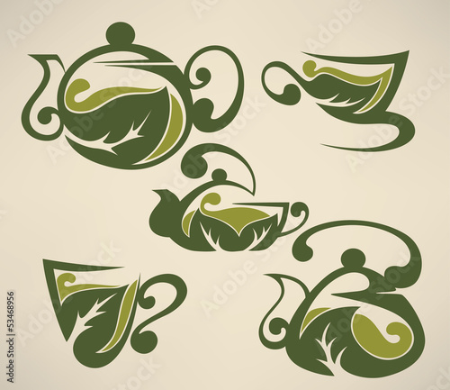 green tea,cups and pots vector collection of forms, symbols and photo