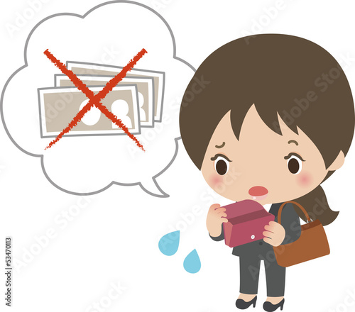 外出先でお金がなくて困るビジネスウーマン
