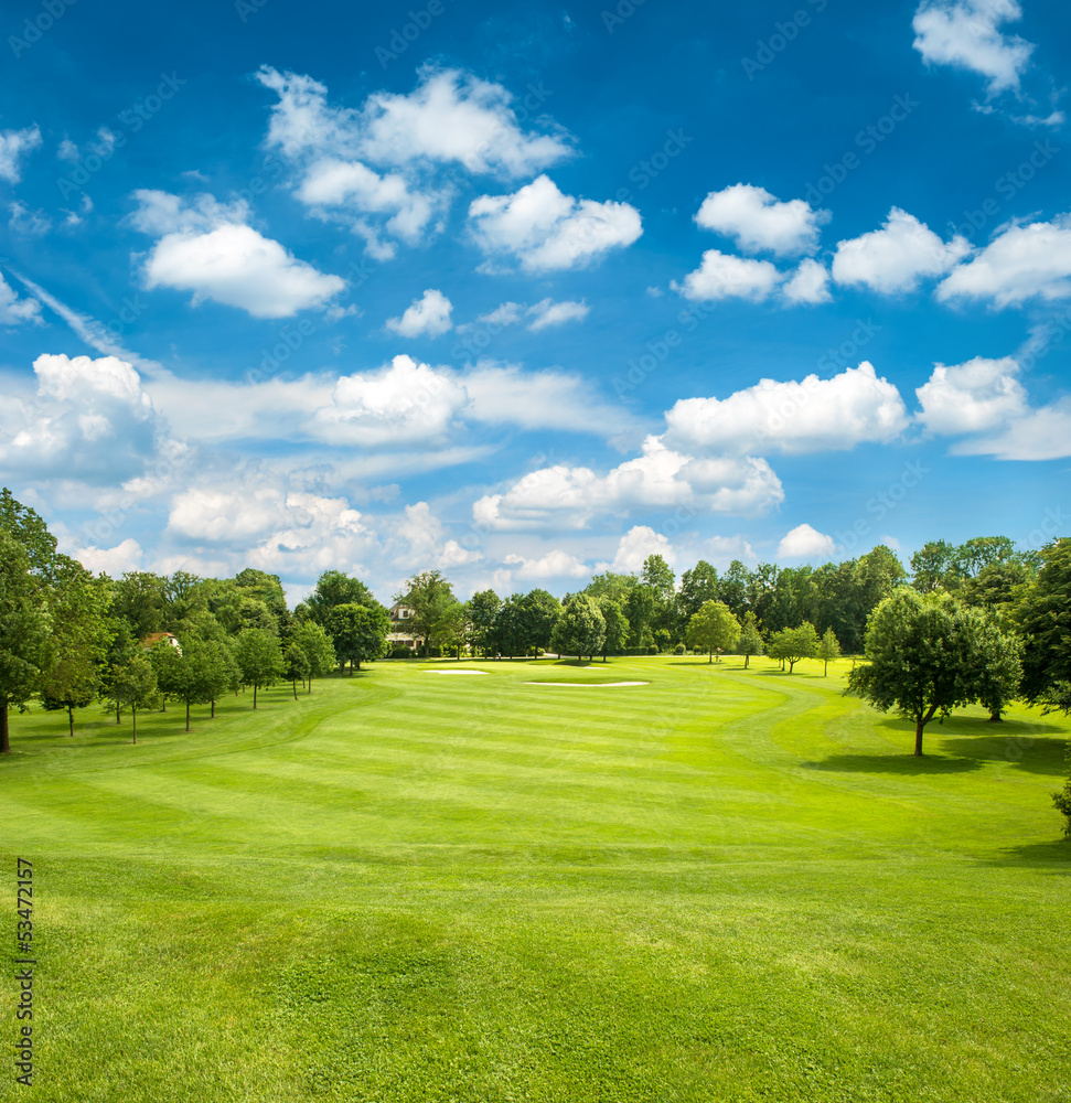 green golf field and blue cloudy sky