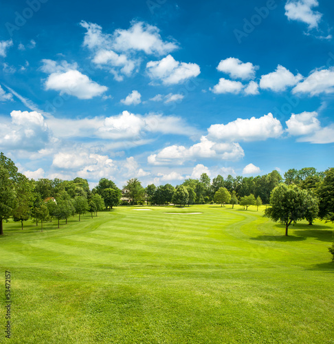 green golf field and blue cloudy sky #53472157