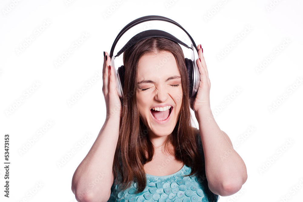 Girl With Headphones Singing On White Background Girl With Headphones Singing On White Background