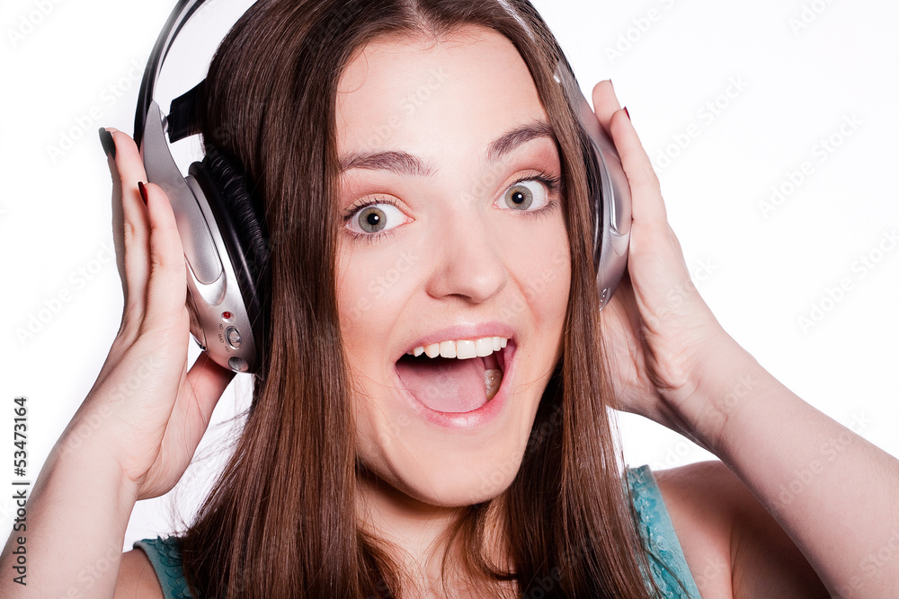 Girl With Headphones Singing On White Background Girl With Headphones Singing On White Background