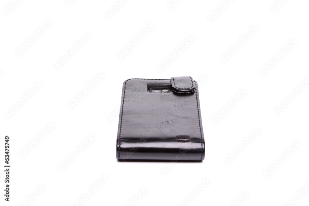 Smartphone in leather case isolated Smartphone in leather case isolated