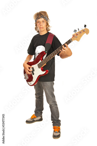 Teen male with bass guitar