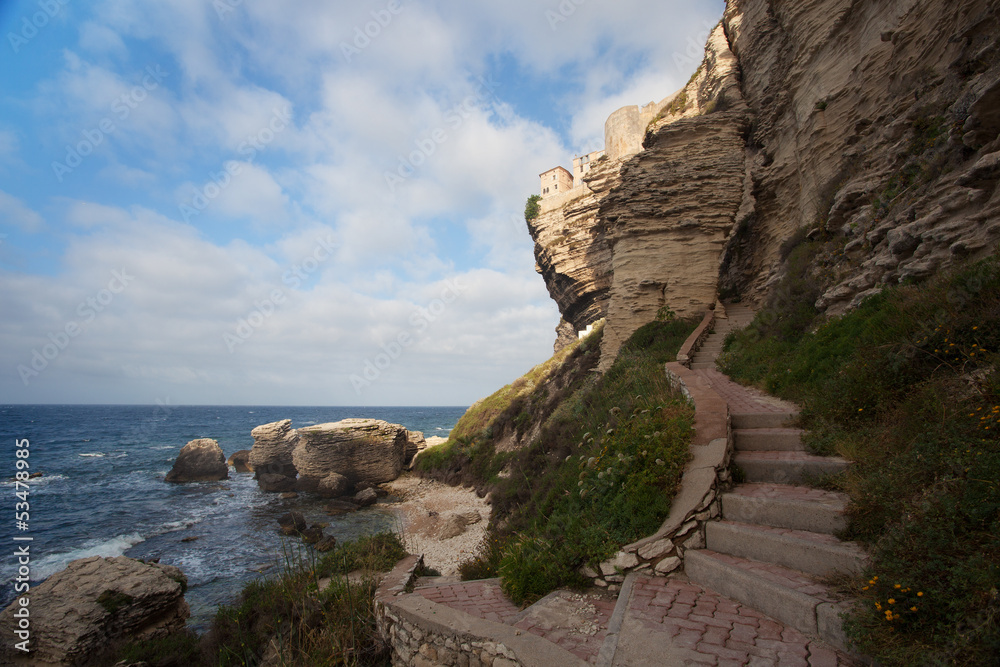 Bonifacio path to cliffs on the shore, Corsica, France