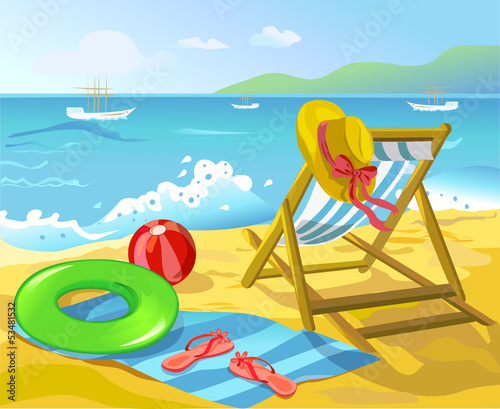 beach with chaise lounge and recreation items