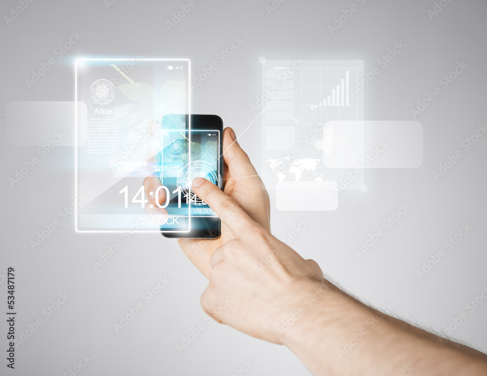 man hand with smartphone and virtual screen man hand with smartphone and virtual screen