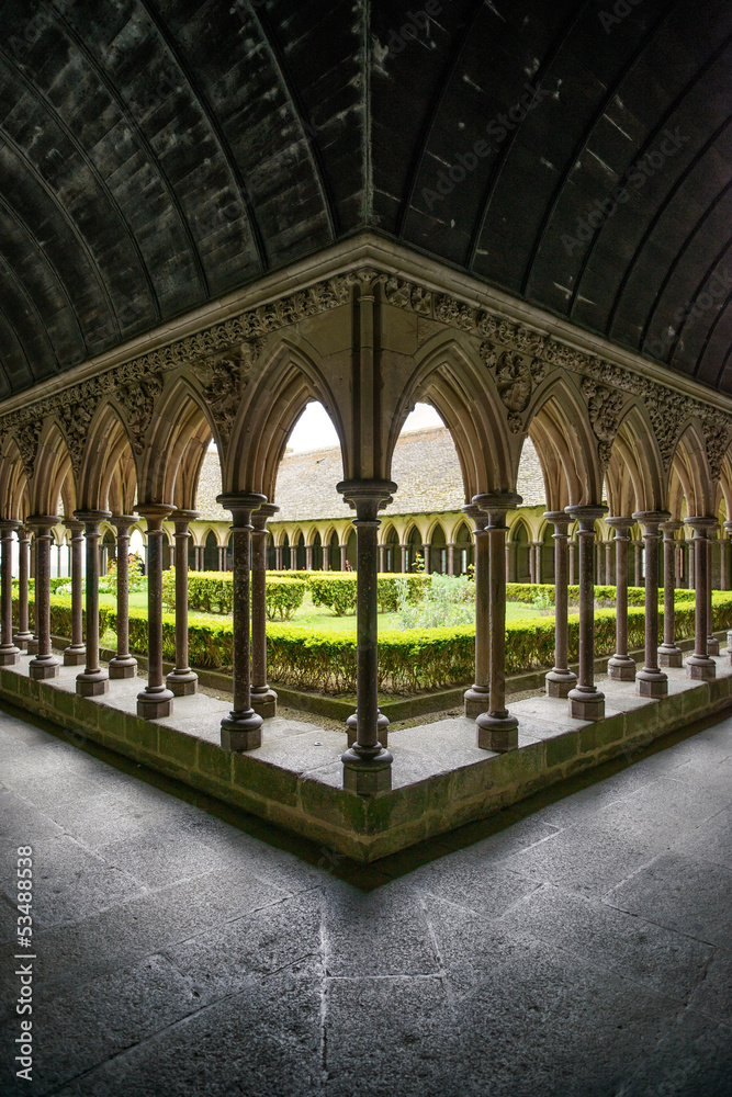 Fototapeta premium Cloister columns detail in Mont Saint Michel. Normandy, France