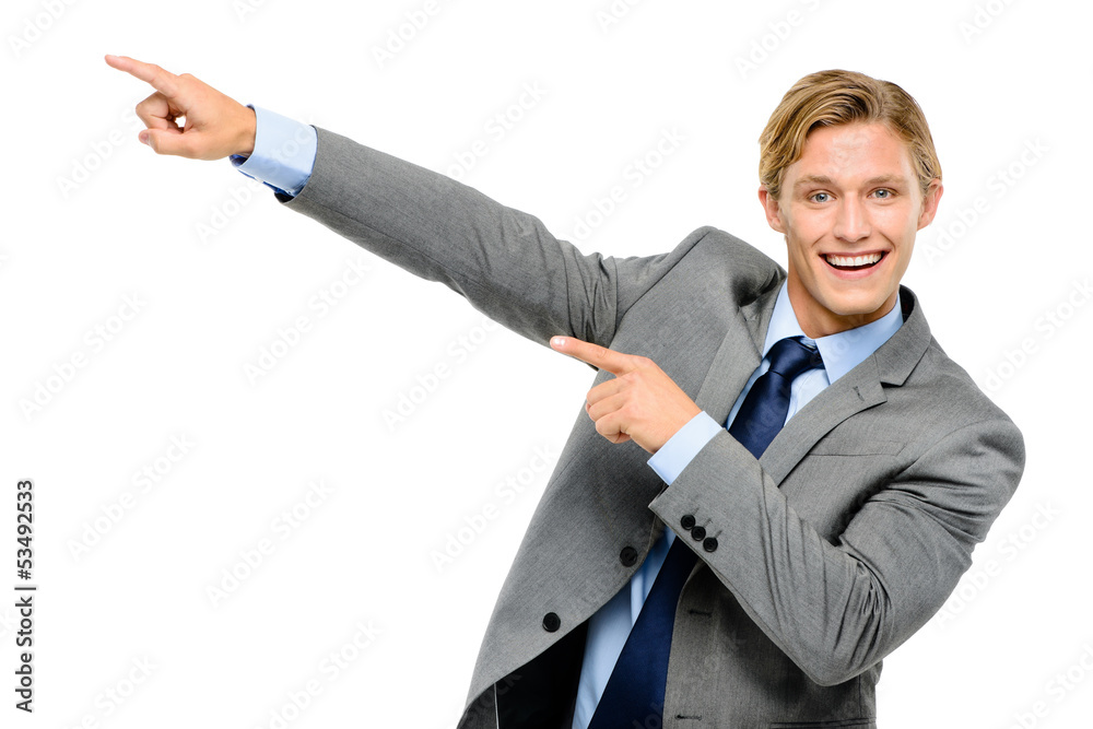 Happy businessman pointing isolated on white background Happy businessman pointing isolated on white background
