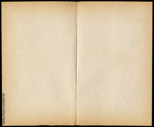 Two blank vintage paperback book pages isolated on black.