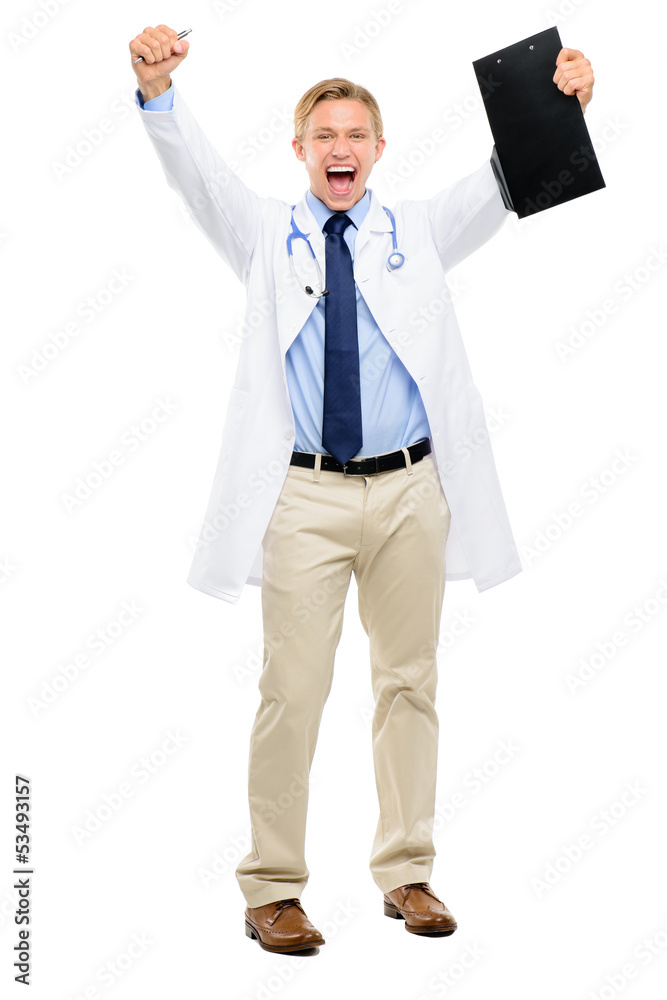 Happy young Doctor celebrating success isolated on white backgro Happy young Doctor celebrating success isolated on white backgro