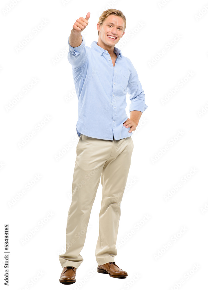 Happy young man holding thumbs up isolated on white background