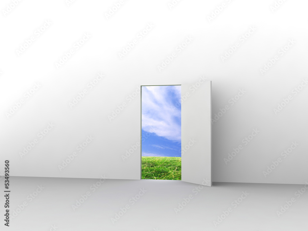 Exit with door to natural landscape. Concept - eco house. Exit with door to natural landscape. Concept - eco house.