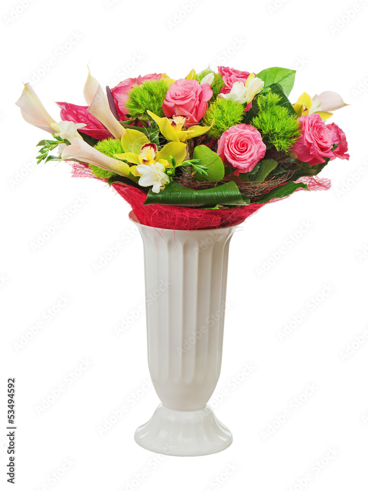 Colorful flower bouquet arrangement centerpiece in vase isolated