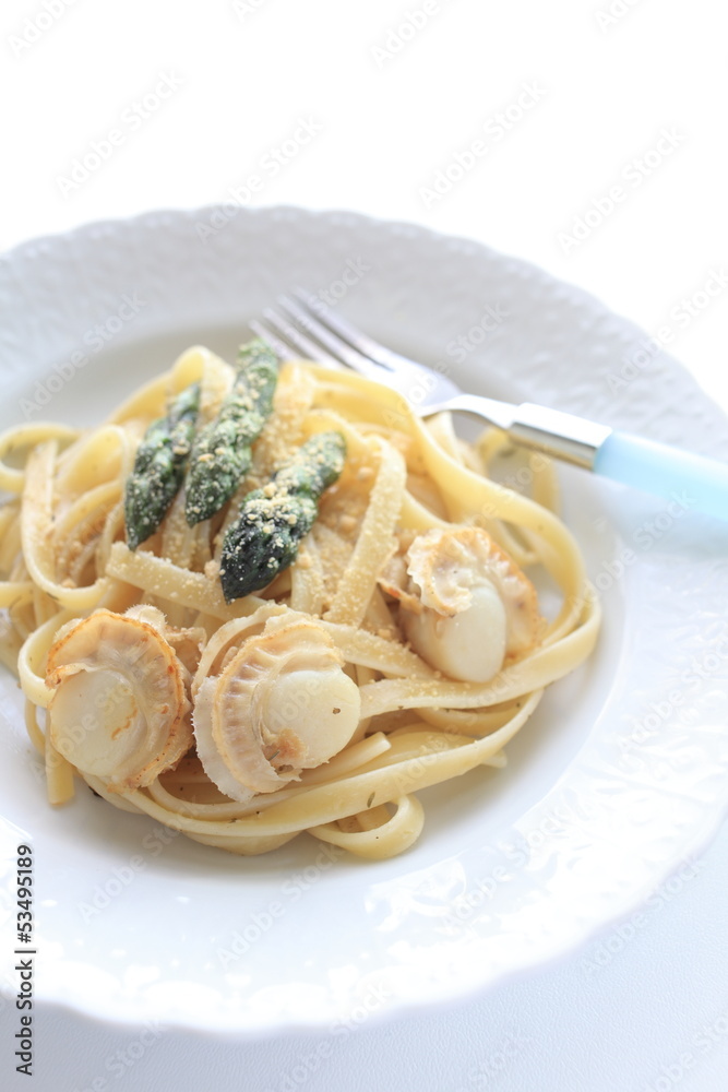 italian cuisine, asparagus and scallop fettuccine italian cuisine, asparagus and scallop fettuccine