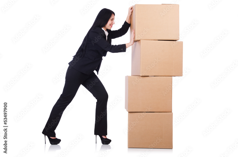 Woman with lots of boxes on white Woman with lots of boxes on white