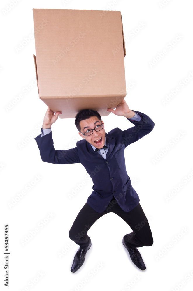 Funny man with box on white Funny man with box on white