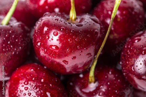 Fotografering Close-up of fresh cherry berries with water drops.