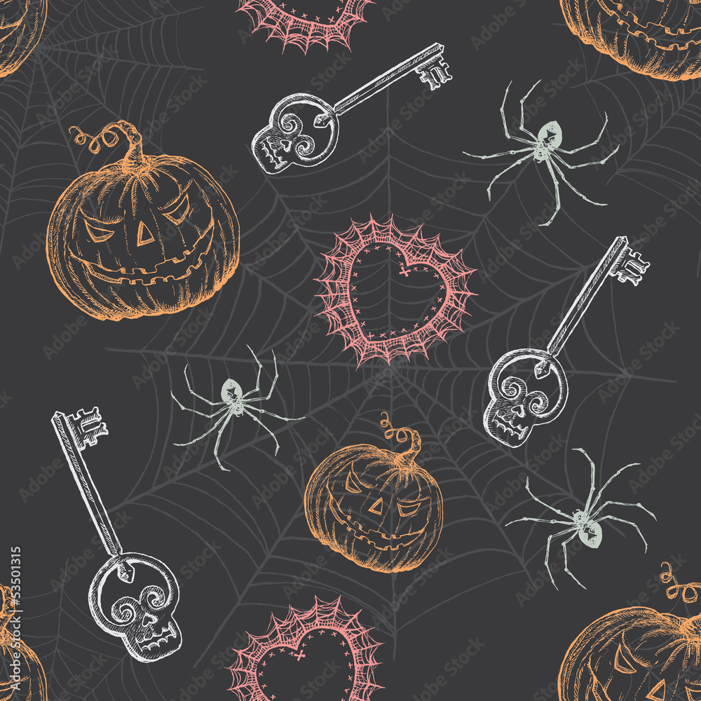 Naklejka Hand Drawn Vintage Halloween Seamless Pattern