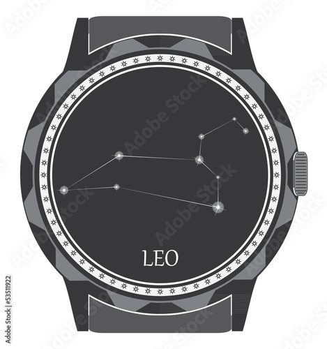 The watch dial with the zodiac sign Leo.