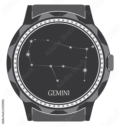 The watch dial with the zodiac sign Gemini.