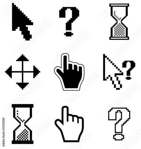 Pixel cursors icons-arrow, hourglass, hand mouse