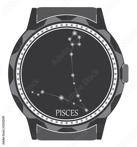 The watch dial with the zodiac sign Pisces.