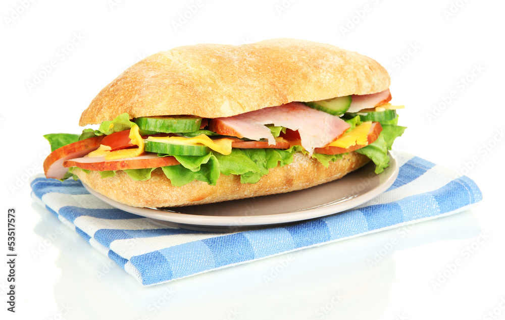 Fresh and tasty sandwich with ham and vegetables isolated Fresh and tasty sandwich with ham and vegetables isolated