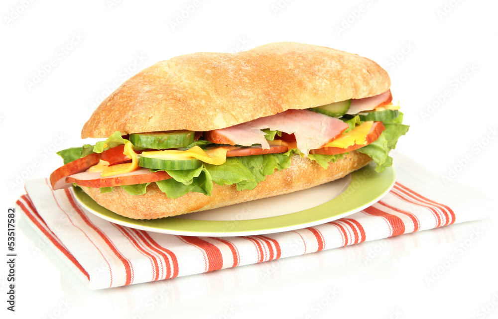 Fresh and tasty sandwich with ham and vegetables isolated Fresh and tasty sandwich with ham and vegetables isolated