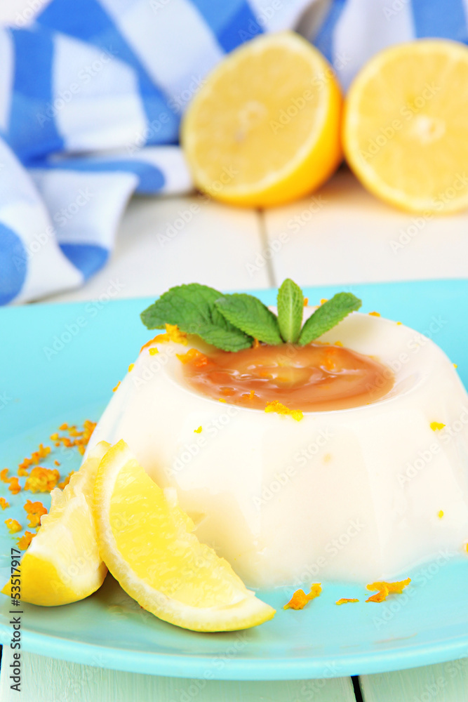 Lemon Panna Cotta with orange zest and caramel sauce, Lemon Panna Cotta with orange zest and caramel sauce,