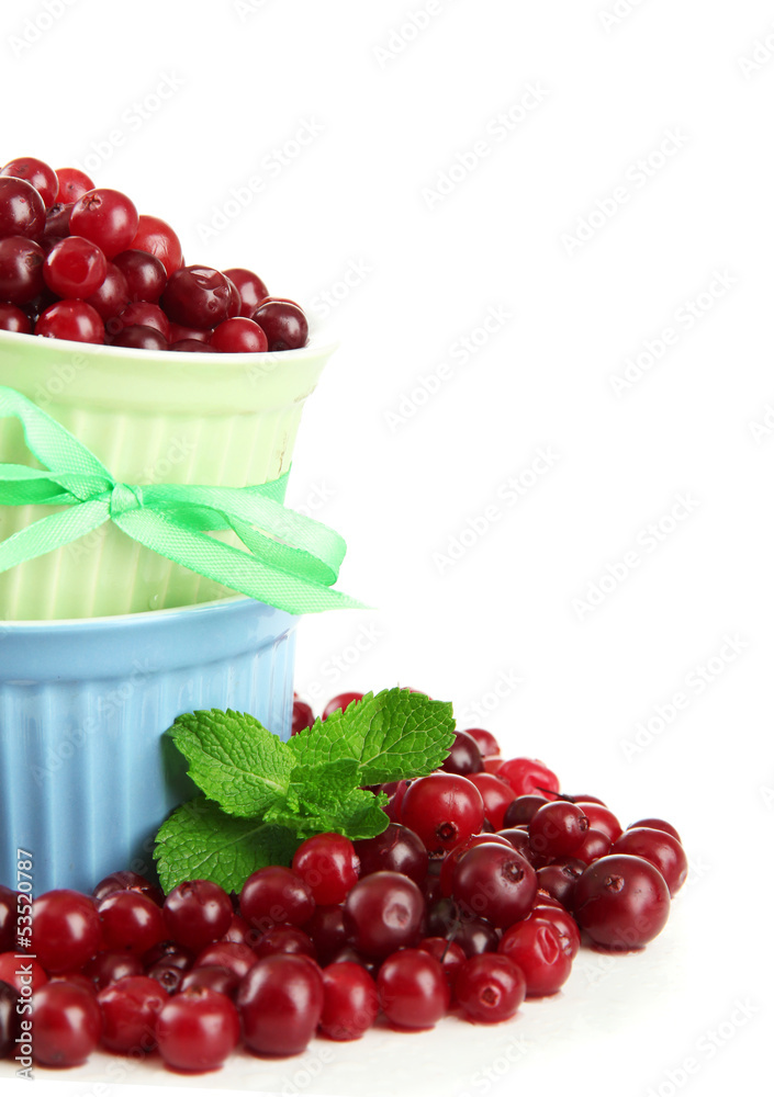 Ripe red cranberries in bowls, isolated on white. Ripe red cranberries in bowls, isolated on white.