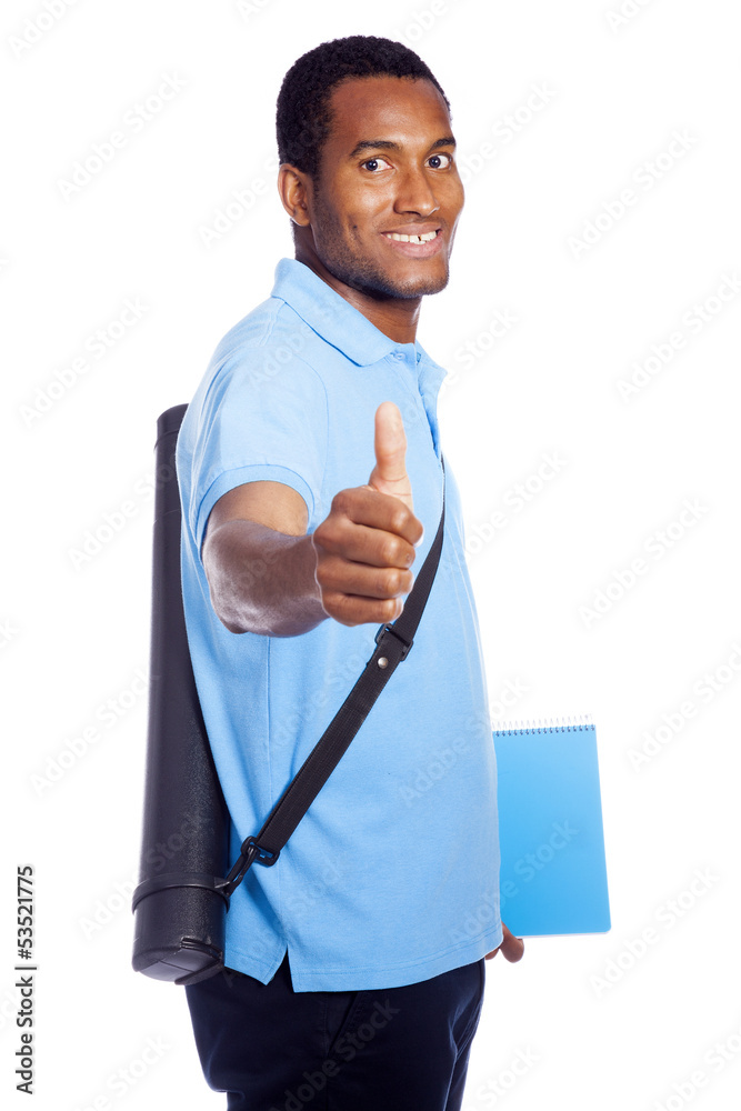 African American student thumbs up - isolated over a white backg African American student thumbs up - isolated over a white backg