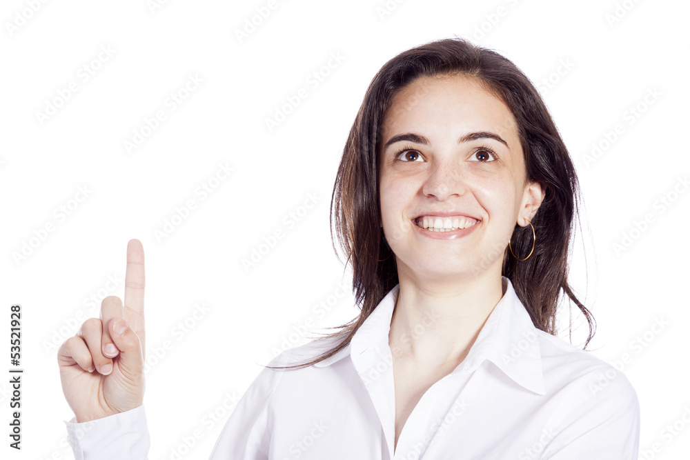 Smiling woman pointing up with her finger - isolated over white Smiling woman pointing up with her finger - isolated over white
