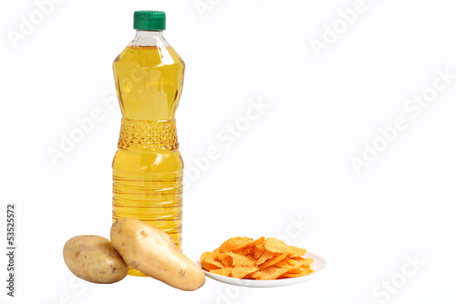 potatoes, potato chips with palm oil on white background