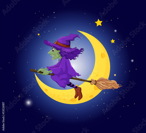 A witch with a violet hat riding on a broom