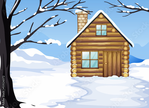 A wooden house in a snowy season