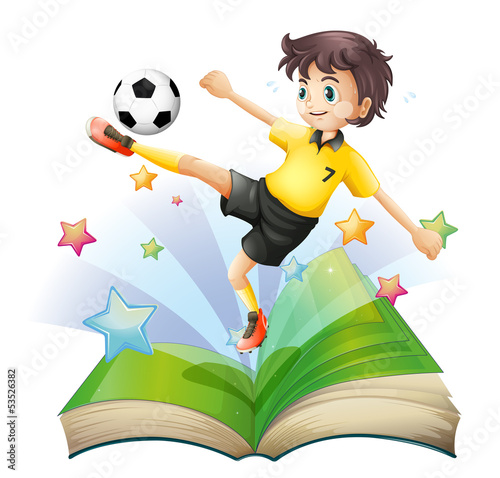An open book with an image of a football player