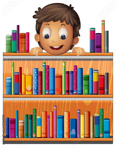 A boy at the back of a wooden shelves with books