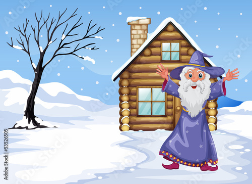 A wizard outside the house on a snowy season