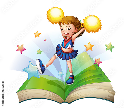 A green storybook with a cheerdancer