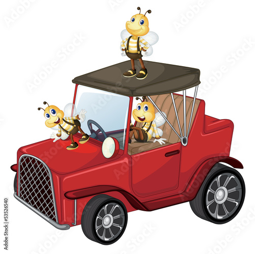 A red car with bees