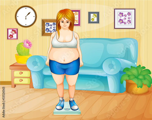 A fat girl weighing her weight inside the house