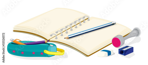 An empty notebook, pencils, a pencil case, an eraser and a sharp
