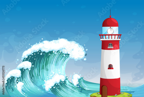 A lighthouse in the middle of the sea with high waves