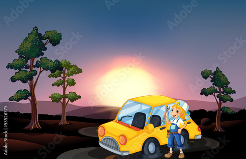 A yellow car with a flat tire